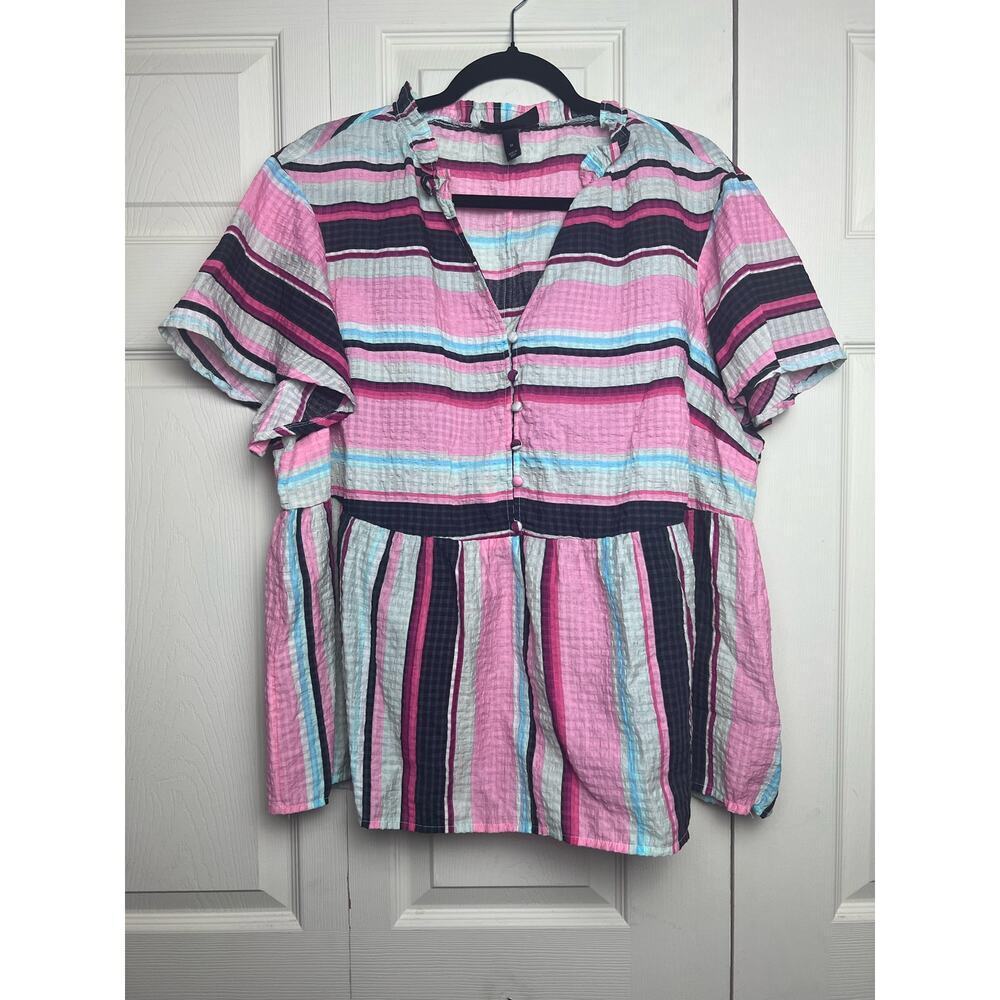 Lane Bryant Blouse Short Sleeve V-Neck Striped Top Size 18 Pink, Blue, White